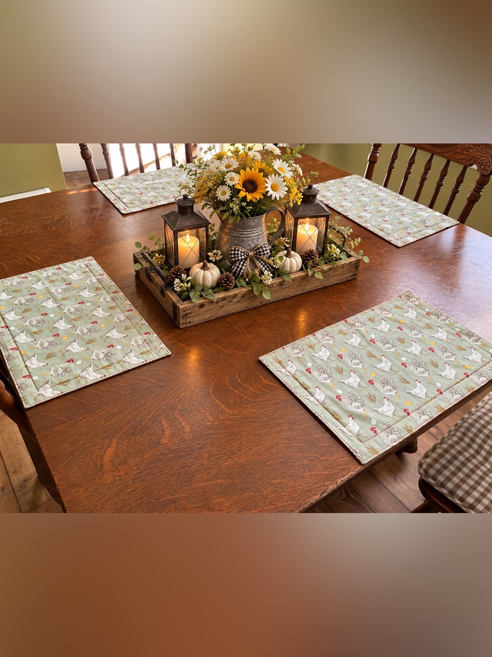 Handmade Farmhouse Green Chicken Quilted Placemats - Set of 4